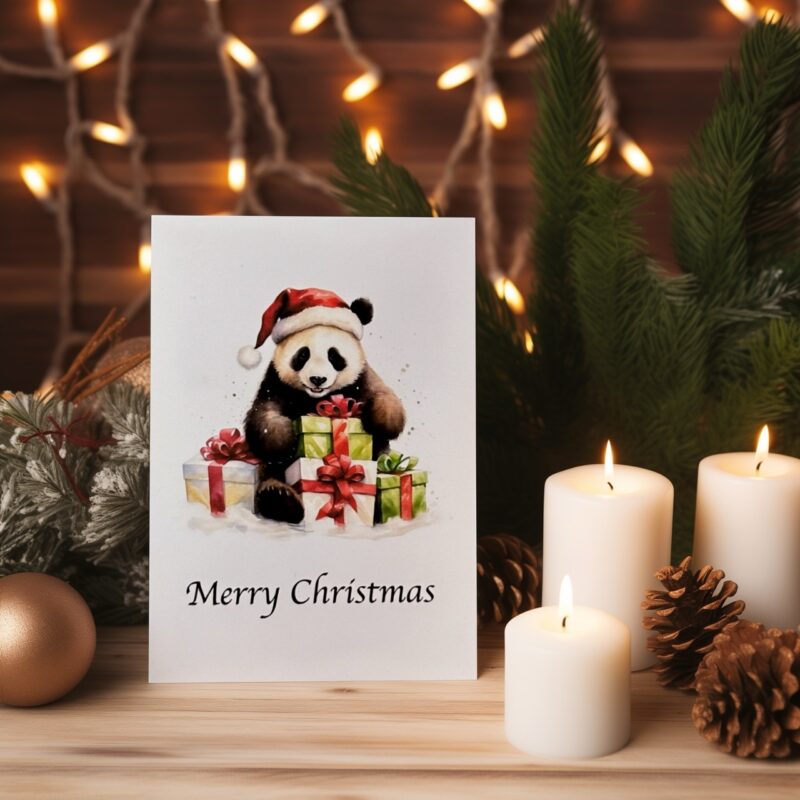 Festliche Panda Karte für Weihnachten, liebevoll gestaltet, perfekte Weihnachtsgrüße.