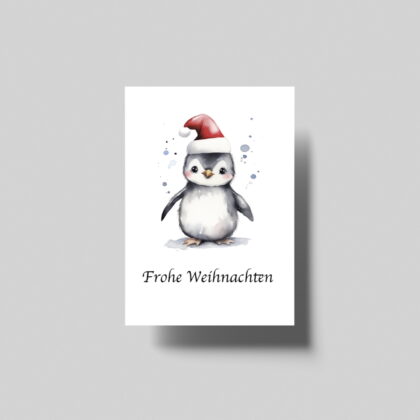 Entzückender Baby-Pinguin in Weihnachtsmütze mit dem Schriftzug 'Frohe Weihnachten' – liebevoll gestaltete Aquarellzeichnung für festliche Grüße.