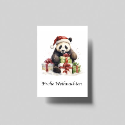 Panda Weihnachtskarte mit festlichem Design und Geschenken, handgefertigt und hochwertig.