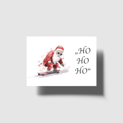 Weihnachtskarte mit Santa auf Skateboard und „HO HO HO“ Spruch