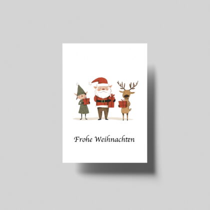 Weihnachtskarte für festliche Grüße – Weihnachtsmann, Elfe, Rentier