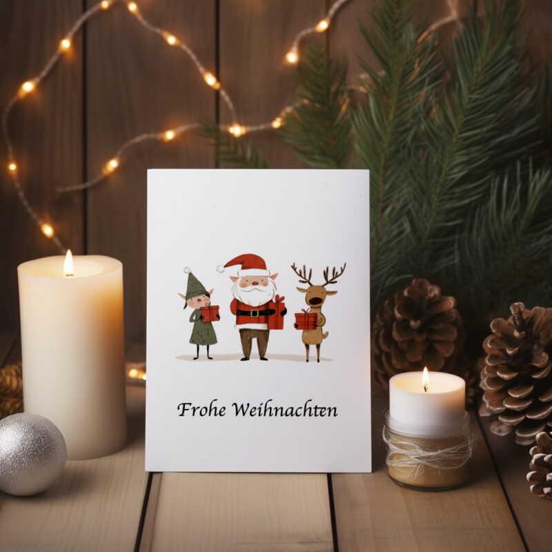 Illustration Weihnachtsmann, Elfe & Rentier mit Geschenken