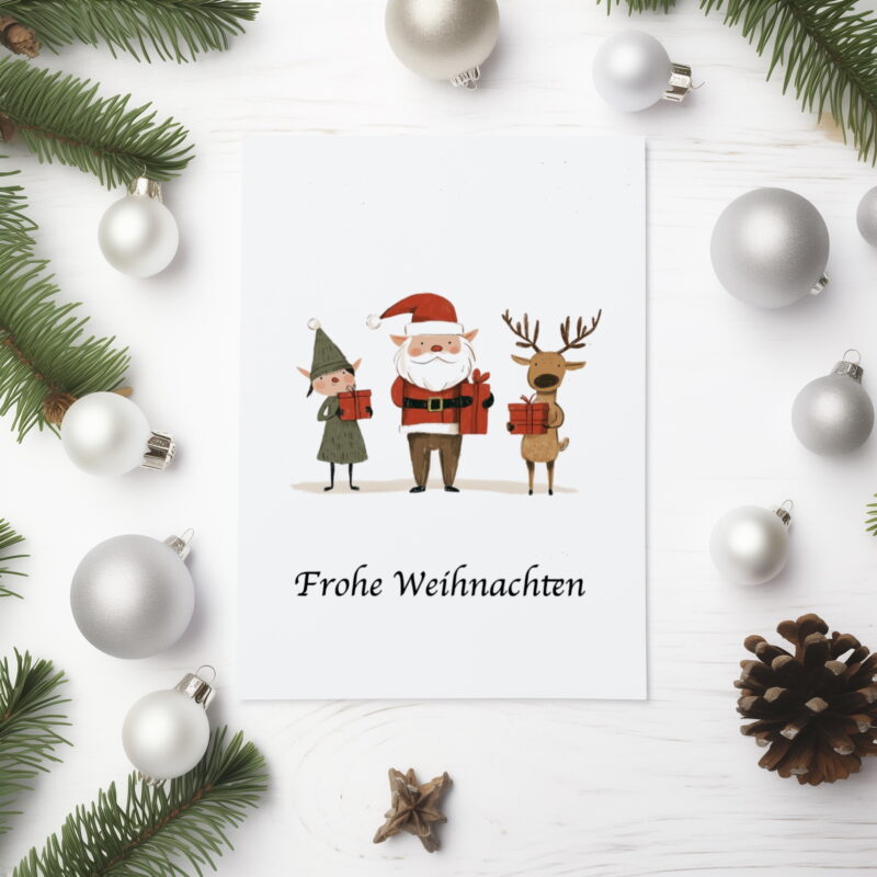 Weihnachtskarte mit Weihnachtsmann, Elfe und Rentier