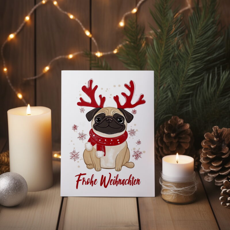 Weihnachtskarte für Hundefans – Mops mit Schal und Geweih