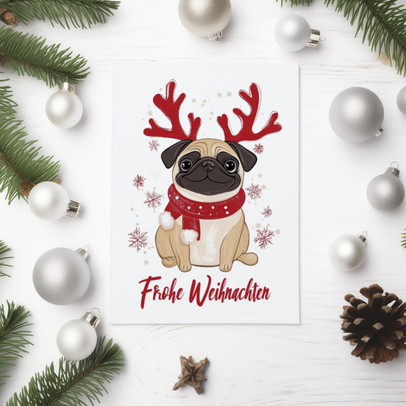 Niedliche Weihnachtskarte mit Mops und Frohe-Weihnachten-Schriftzug