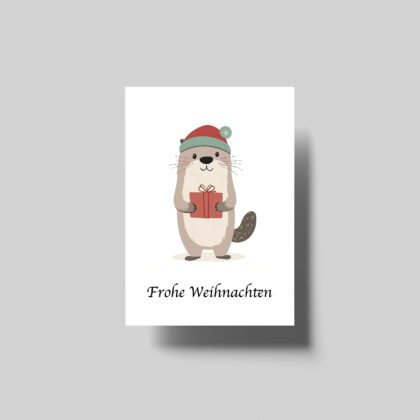 Otter-Weihnachtskarte mit festlicher Illustration und „Frohe Weihnachten“ Schriftzug