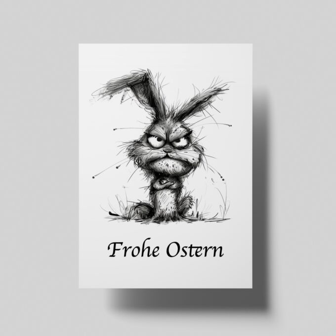 Grumpy Bunny Osterkarte mit mürrischem Hasen und dem Spruch „Frohe Ostern“ – handgefertigt und hochwertig gedruckt.